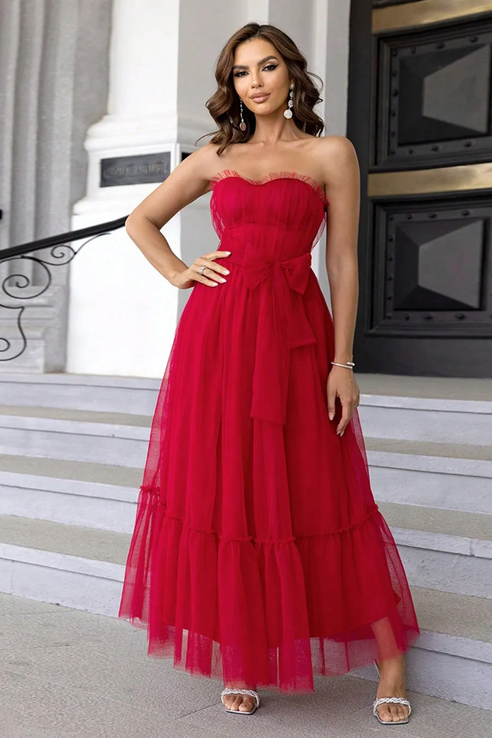 Pine Strapless Tulle Long A Line Ruffles Bridesmaid Dress sold by Zapaka product image thumbnail 5