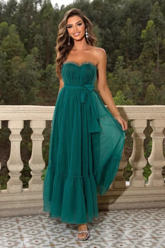 Pine Strapless Tulle Long A Line Ruffles Bridesmaid Dress sold by Zapaka