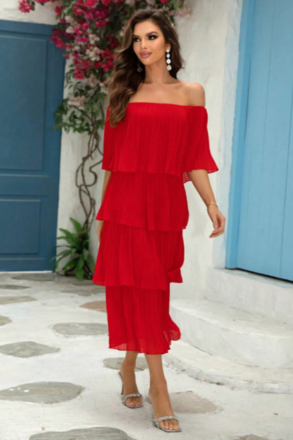 Red Off The Shoulder Tiered Pleated A Line Bridesmaid Dress sold by Zapaka product image thumbnail 3