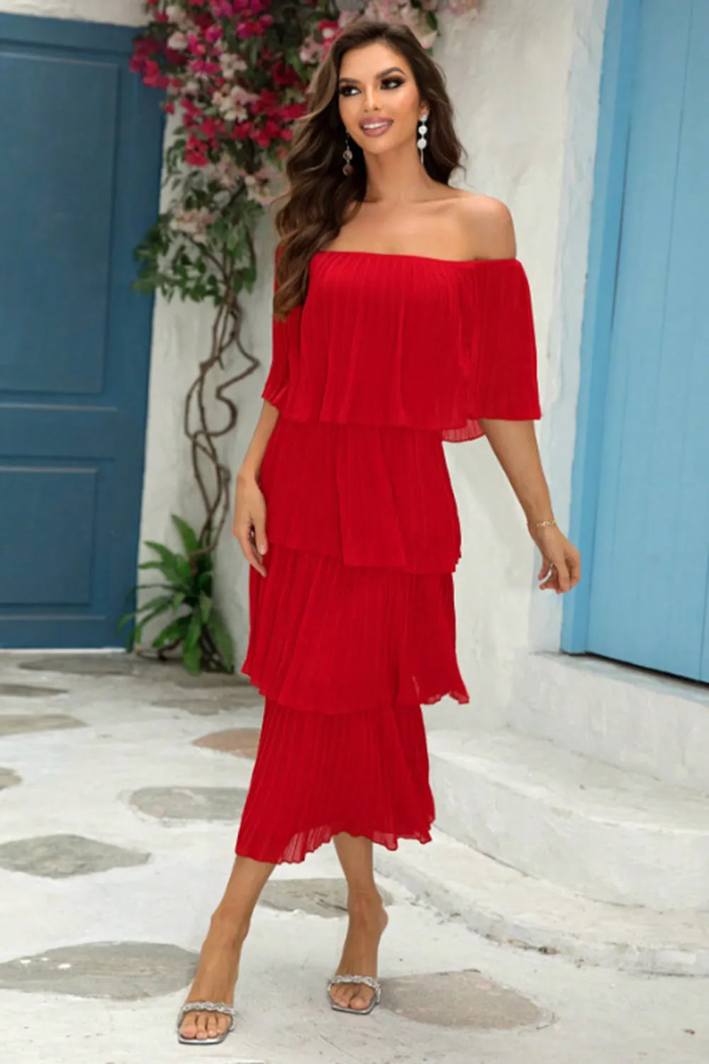 Red Off The Shoulder Tiered Pleated A Line Bridesmaid Dress sold by Zapaka product image thumbnail 4