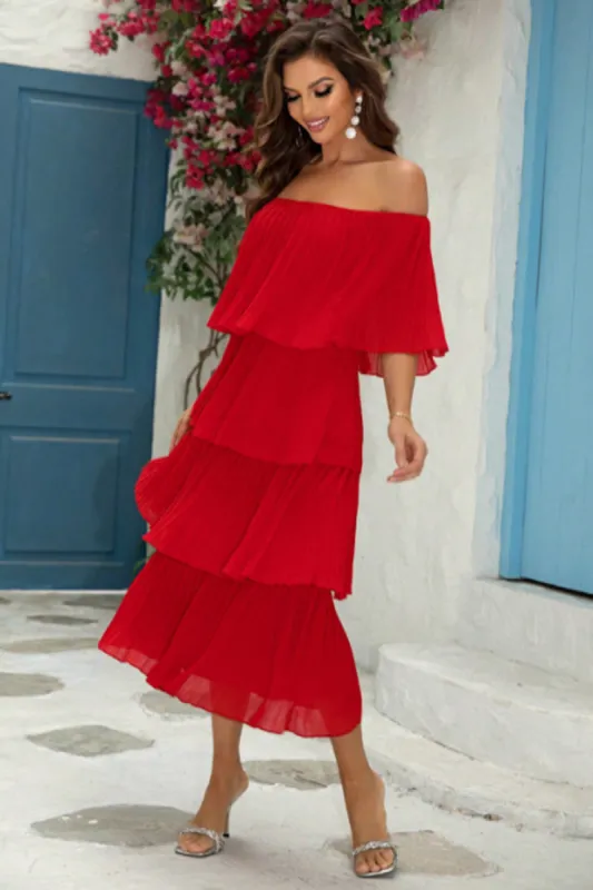 Red Off The Shoulder Tiered Pleated A Line Bridesmaid Dress sold by Zapaka