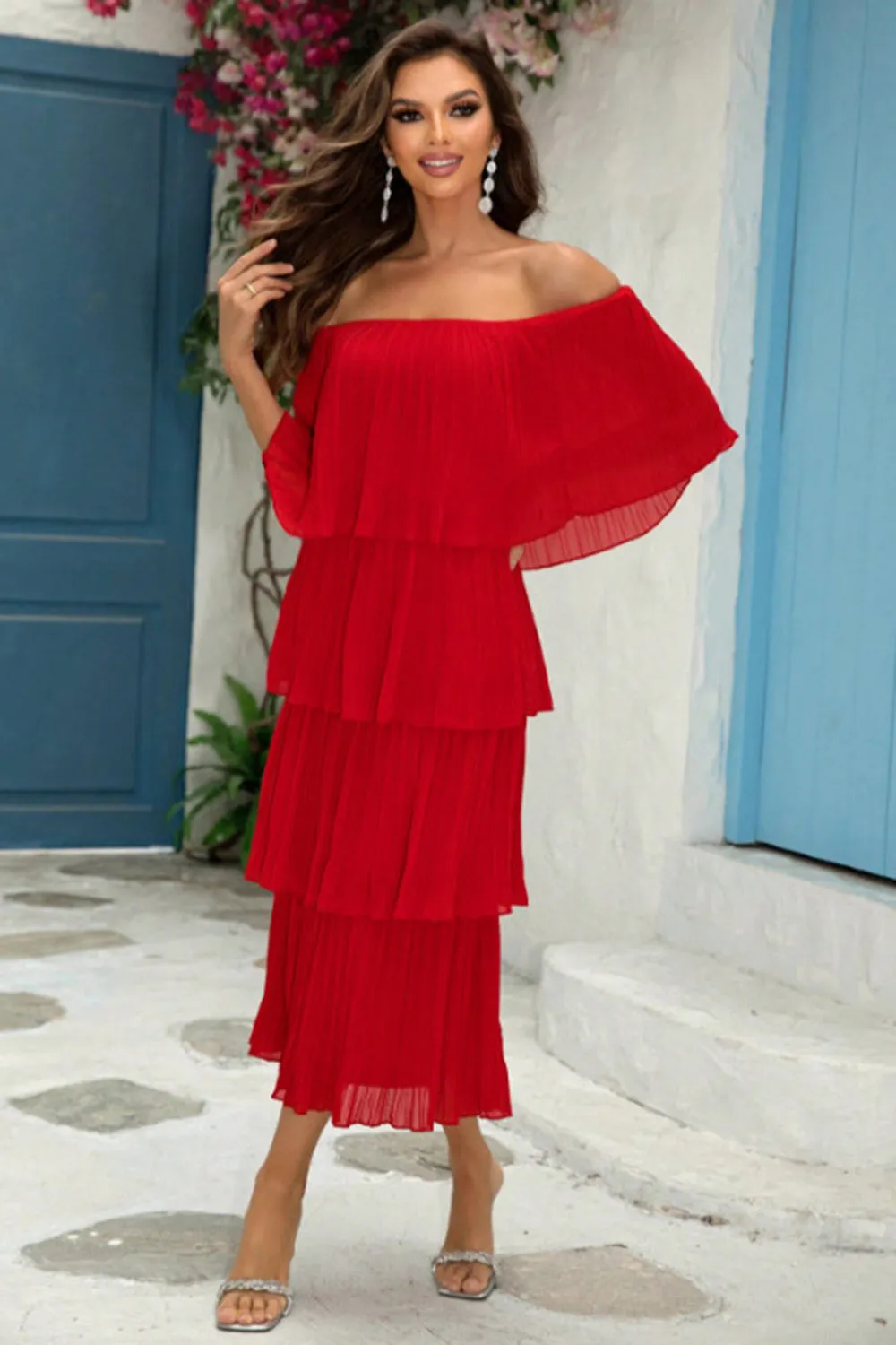 Red Off The Shoulder Tiered Pleated A Line Bridesmaid Dress sold by Zapaka product image thumbnail 5