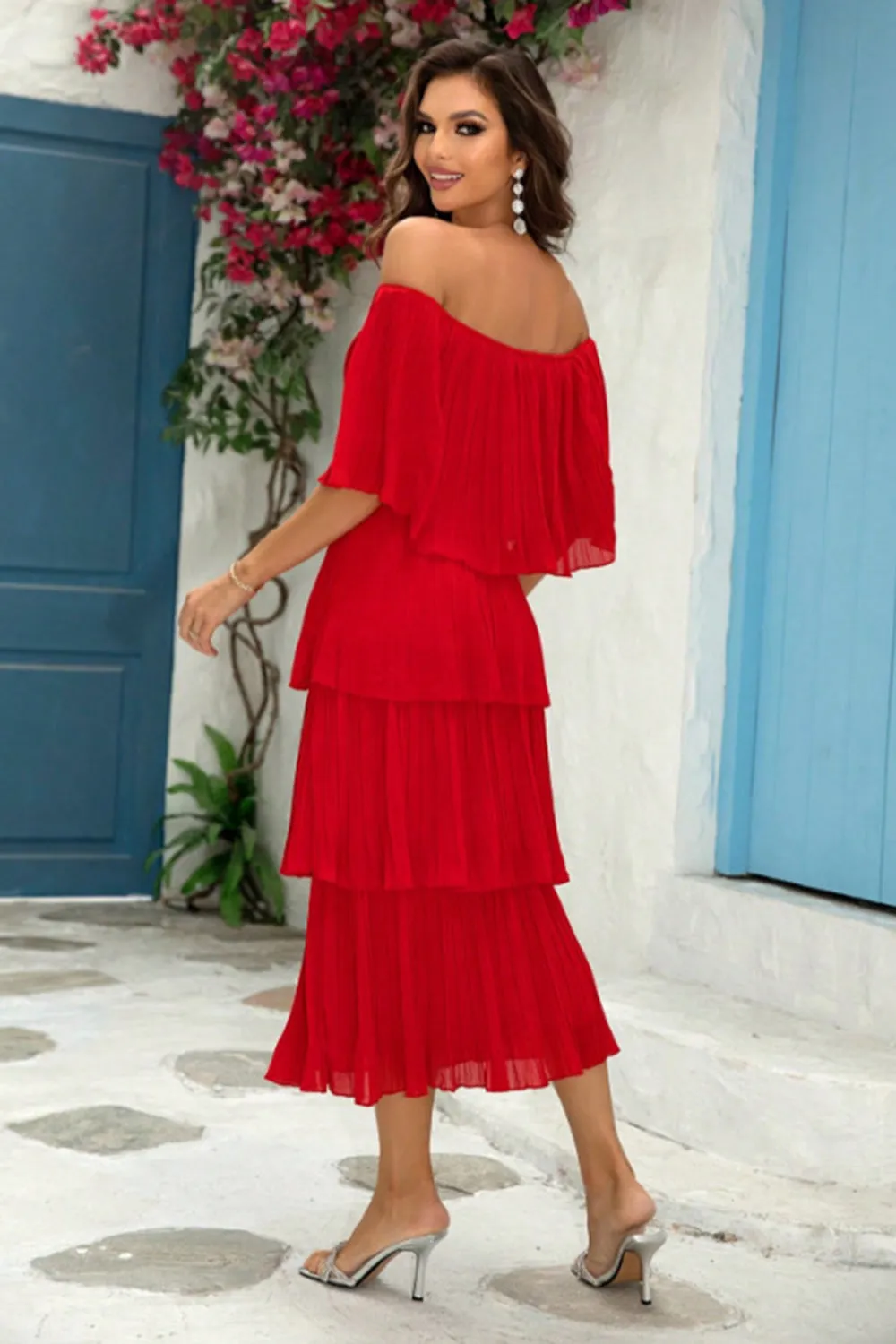 Red Off The Shoulder Tiered Pleated A Line Bridesmaid Dress sold by Zapaka product image thumbnail 2