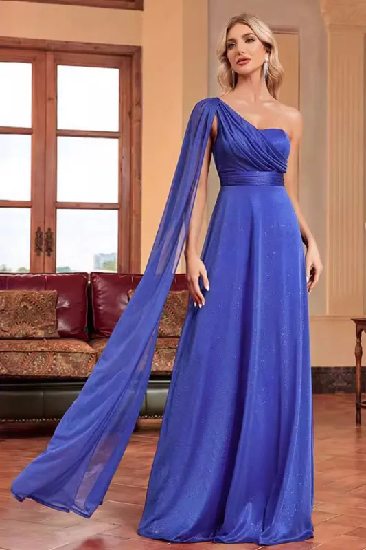 Royal Blue One Shoulder with Streamer A Line Ruched Long Bridesmaid Dress sold by Zapaka