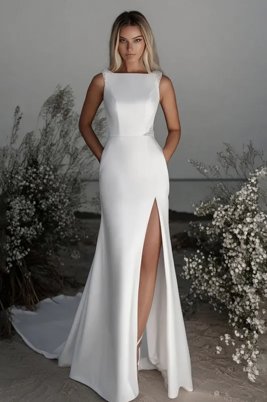 Simple Ivory Boat Neck Slit Sheath Satin Wedding Dress with Sash sold by Zapaka