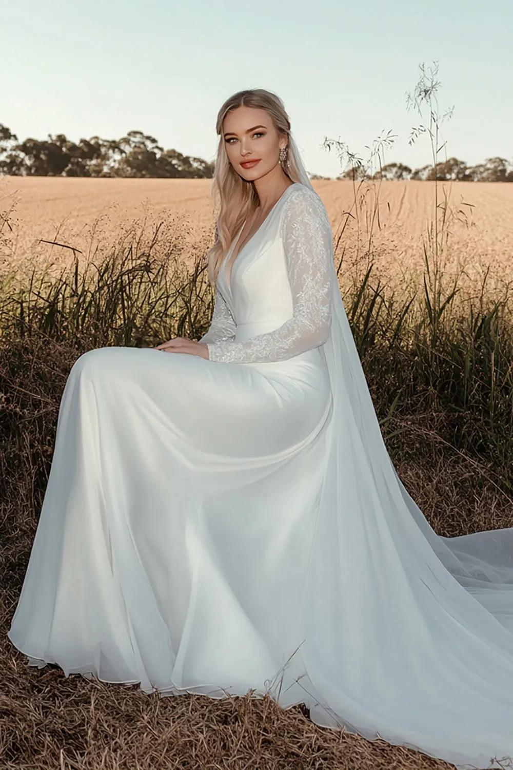 Timeless A Line V Neck Lace Long Sleeve Ivory Wedding Dress sold by Zapaka product image thumbnail 2
