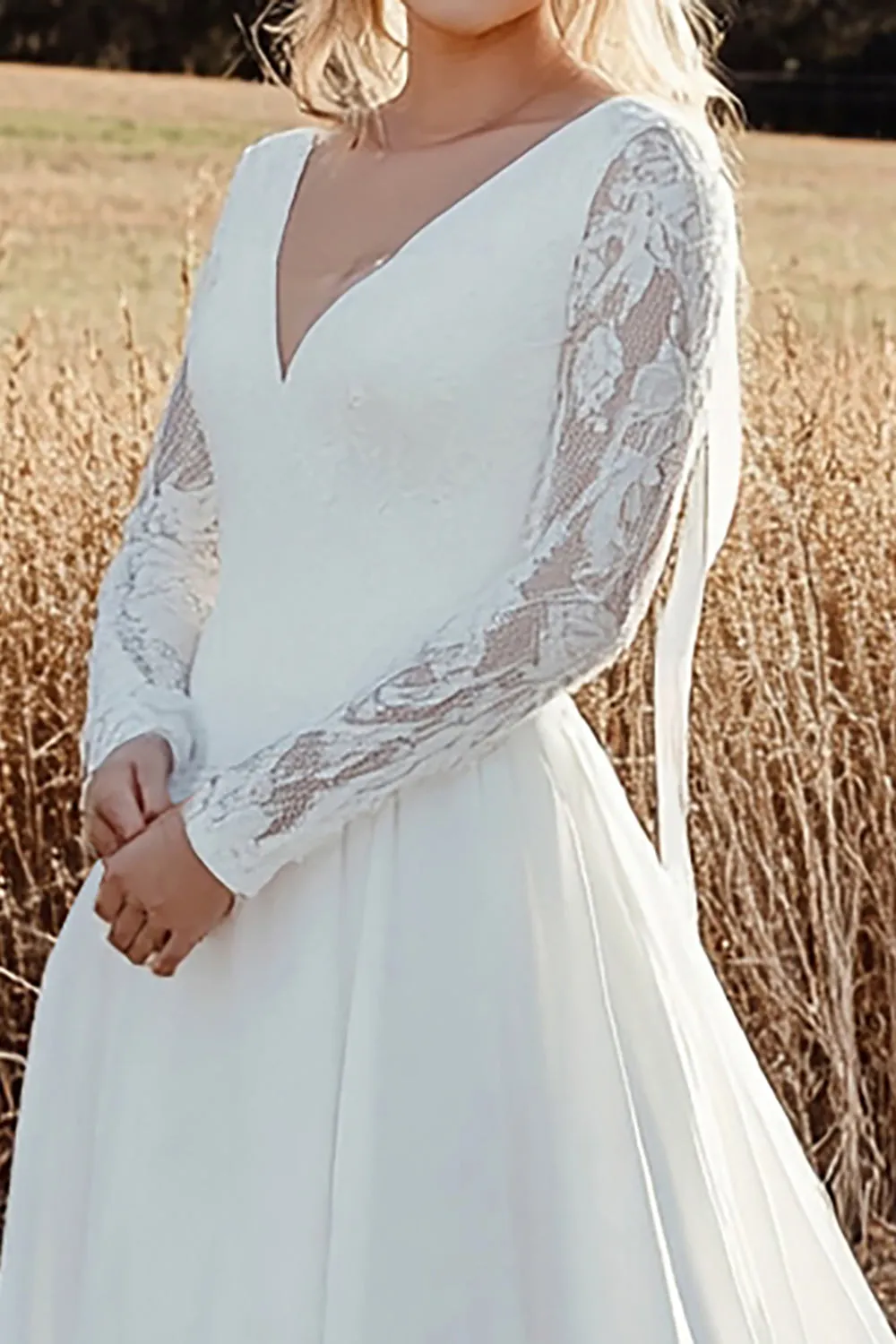 Timeless A Line V Neck Lace Long Sleeve Ivory Wedding Dress sold by Zapaka product image thumbnail 3
