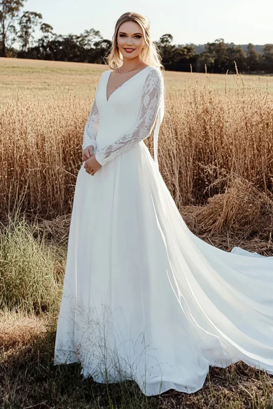 Timeless A Line V Neck Lace Long Sleeve Ivory Wedding Dress sold by Zapaka
