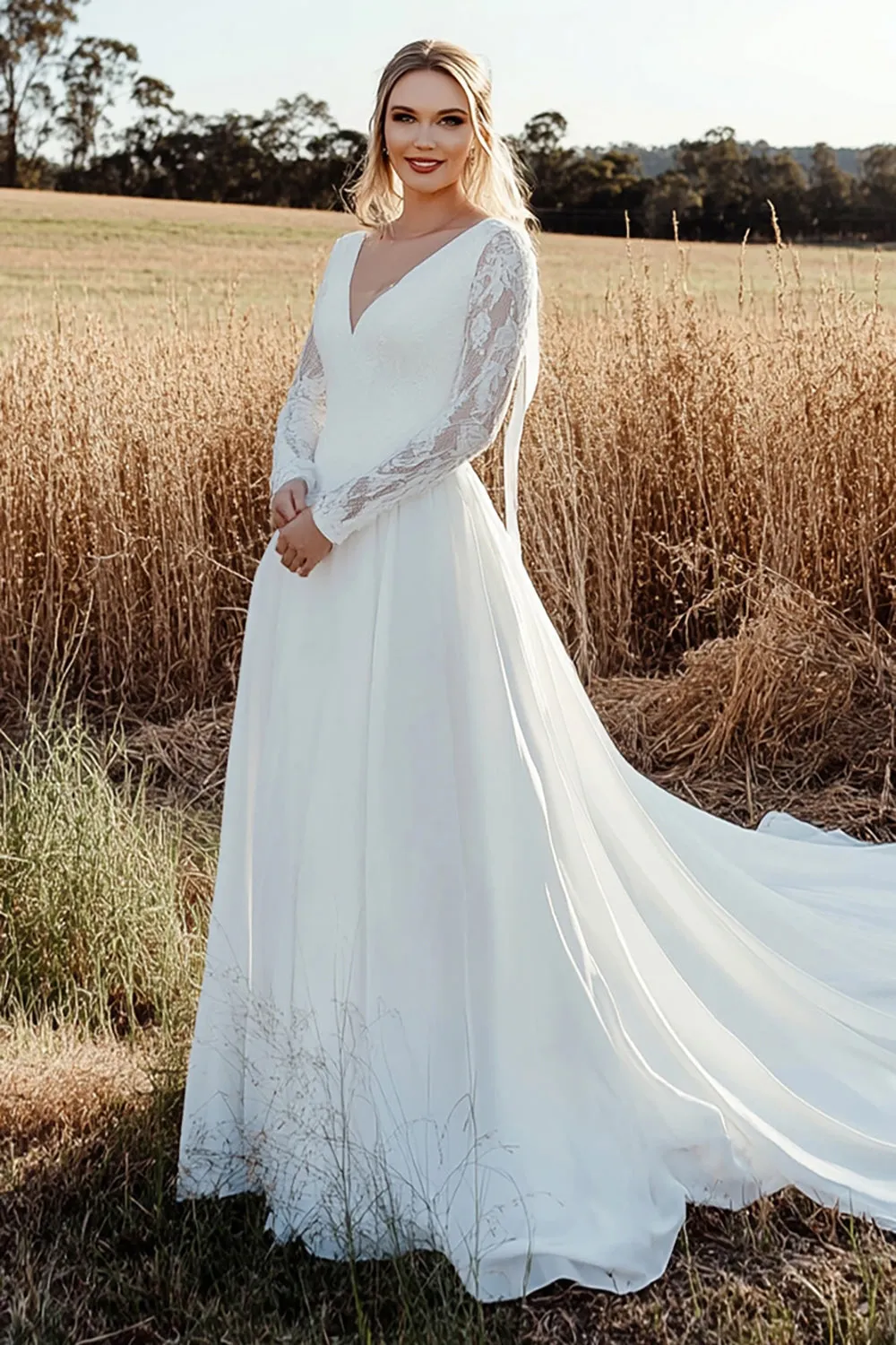 Timeless A Line V Neck Lace Long Sleeve Ivory Wedding Dress sold by Zapaka