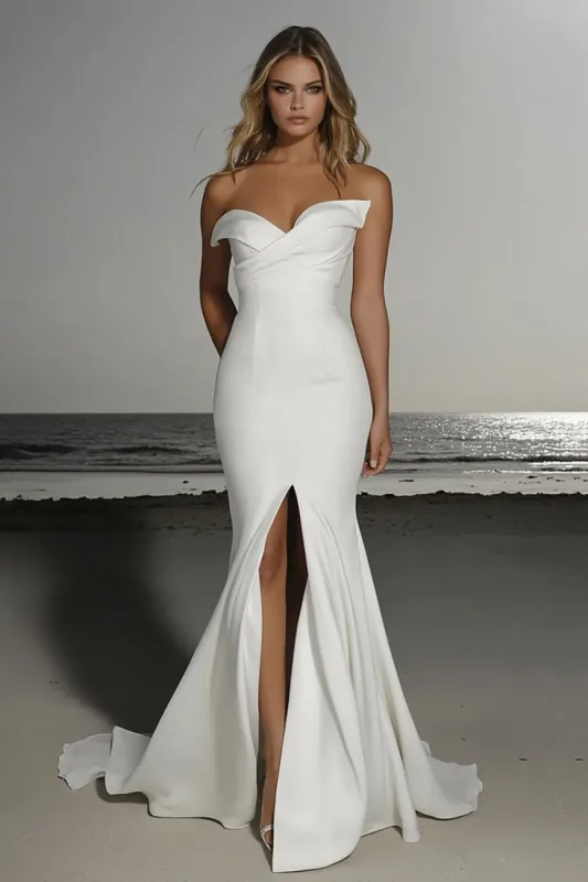 Satin Off the Shoulder Ivory Mermaid Wedding Dress with Slit sold by Zapaka
