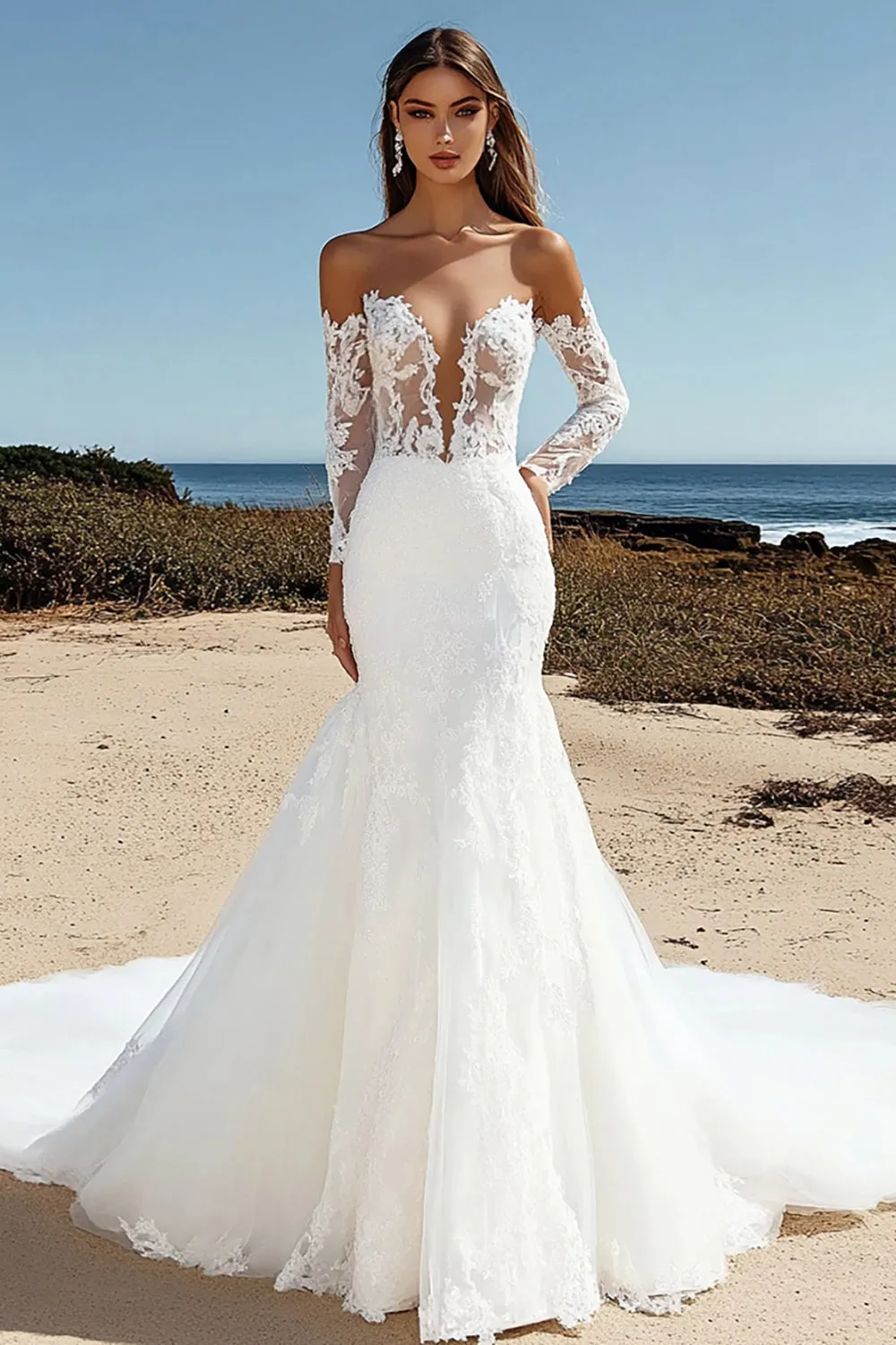 Lace Tulle Ivory Off the Shoulder Mermaid Wedding Dress sold by Zapaka