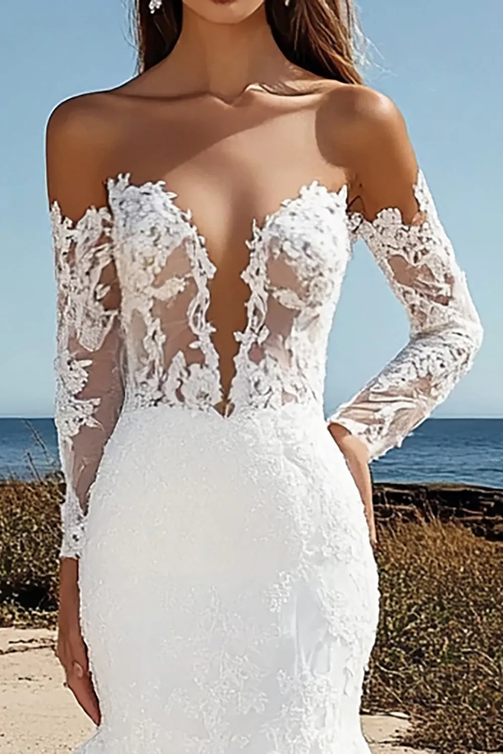 Lace Tulle Ivory Off the Shoulder Mermaid Wedding Dress sold by Zapaka product image thumbnail 2
