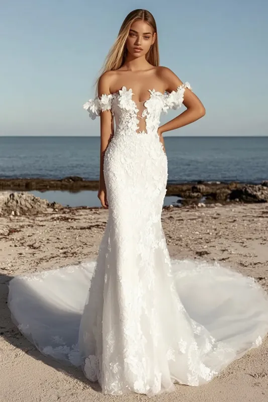 Lace Appliqued Ivory Off the Shoulder Sheath Wedding Dress sold by Zapaka