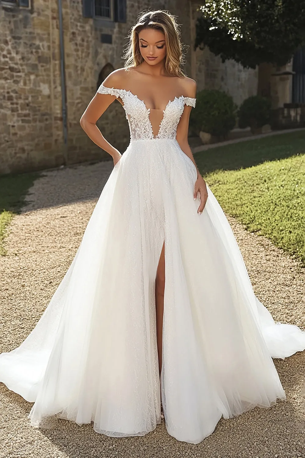 Ivory A Line Tulle Off the Shoulder Applliqued Wedding Dress with Slit sold by Zapaka