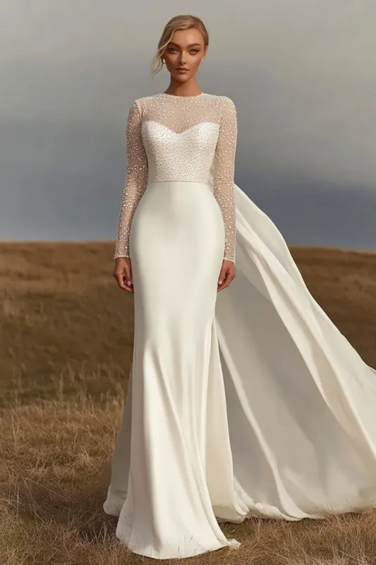 Ivory Sheath Satin Round Neck Long Sleeve Wedding Dress with Ribbon sold by Zapaka