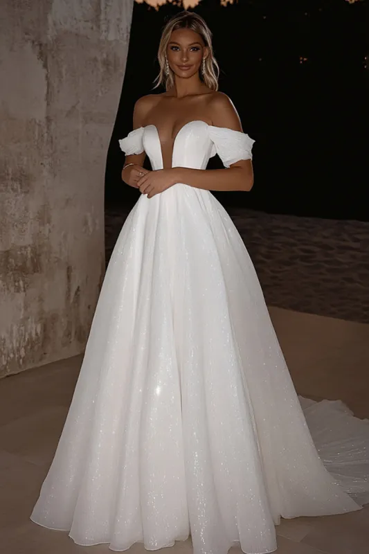 Elegant Glitter Ivory Off the Shoulder A-Line Long Wedding Dress sold by Zapaka