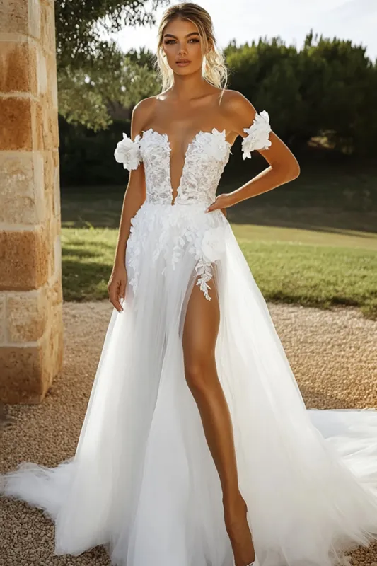 Ivory Tulle Lace A Line Wedding Dress with Appliques made by Zapaka