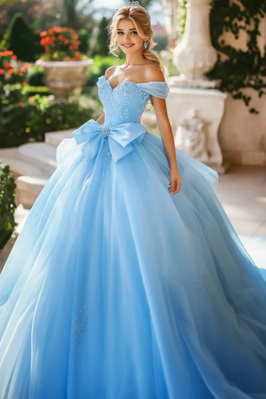 Sparkly Sky Blue Ball Gown Off the Shoulder Tulle Rhinestones Quinceanera Dress with Bow sold by Zapaka