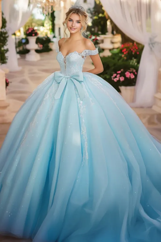 Sparkly Sky Blue Ball Gown Off the Shoulder Bow Tulle Quinceanera Dress with Lace Appliques sold by Zapaka