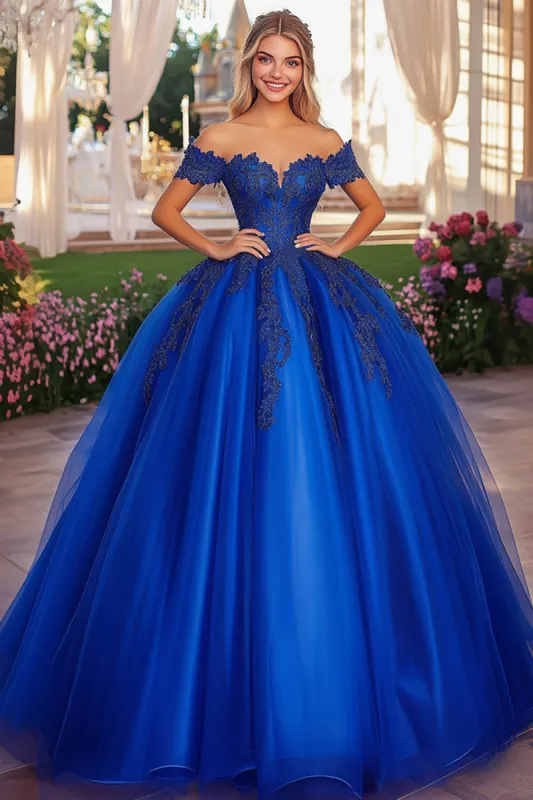 Sparkly Royal Blue Ball Gown Off the Shoulder Quinceanera Dress with Lace Appliques sold by Zapaka