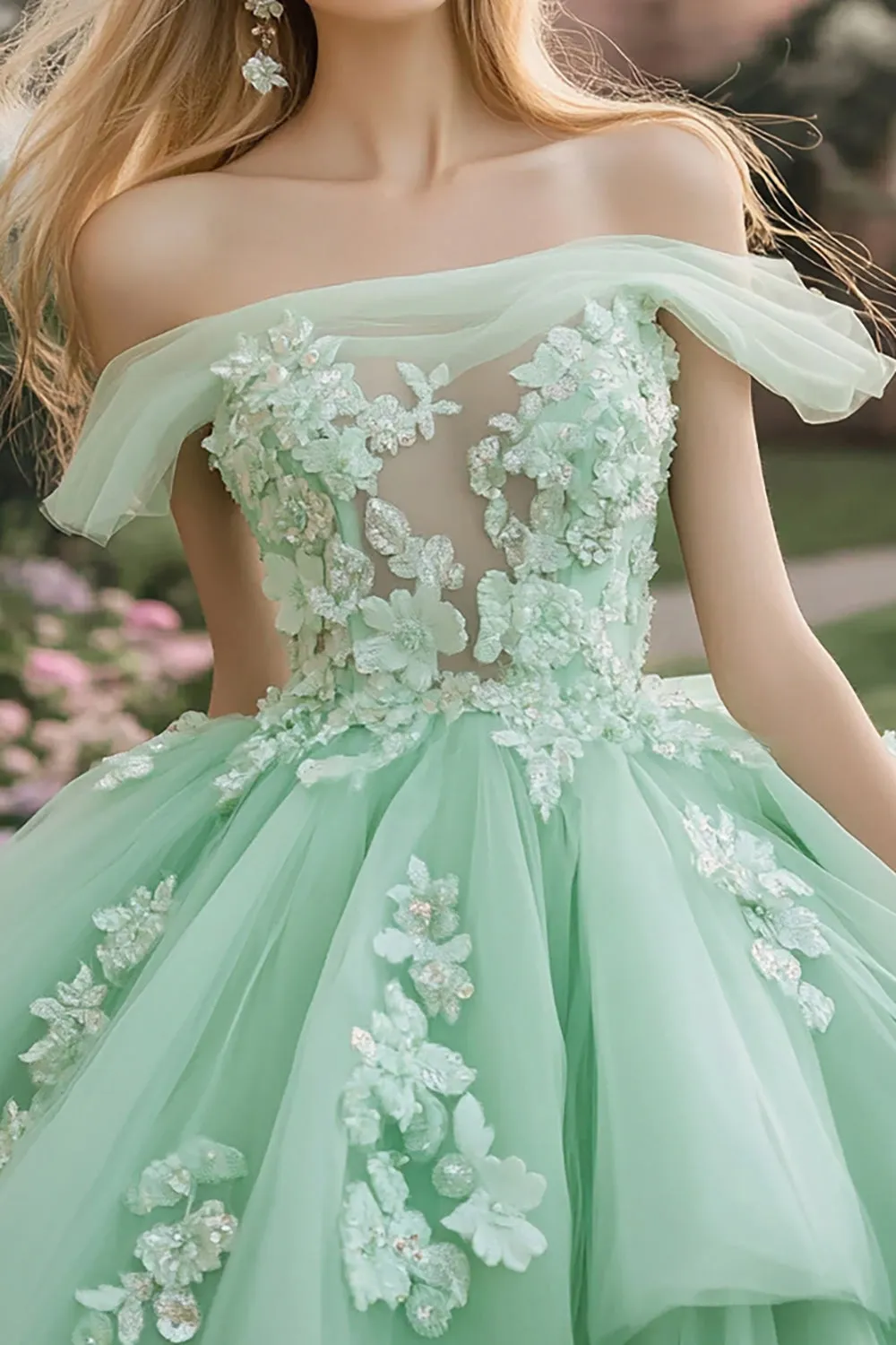 Sparkly Mint Ball Gown Off the Shoulder Ruffles Tulle Quinceanera Dress with Sequined Appliques sold by Zapaka product image thumbnail 2