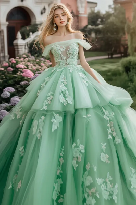 Sparkly Mint Ball Gown Off the Shoulder Ruffles Tulle Quinceanera Dress with Sequined Appliques sold by Zapaka