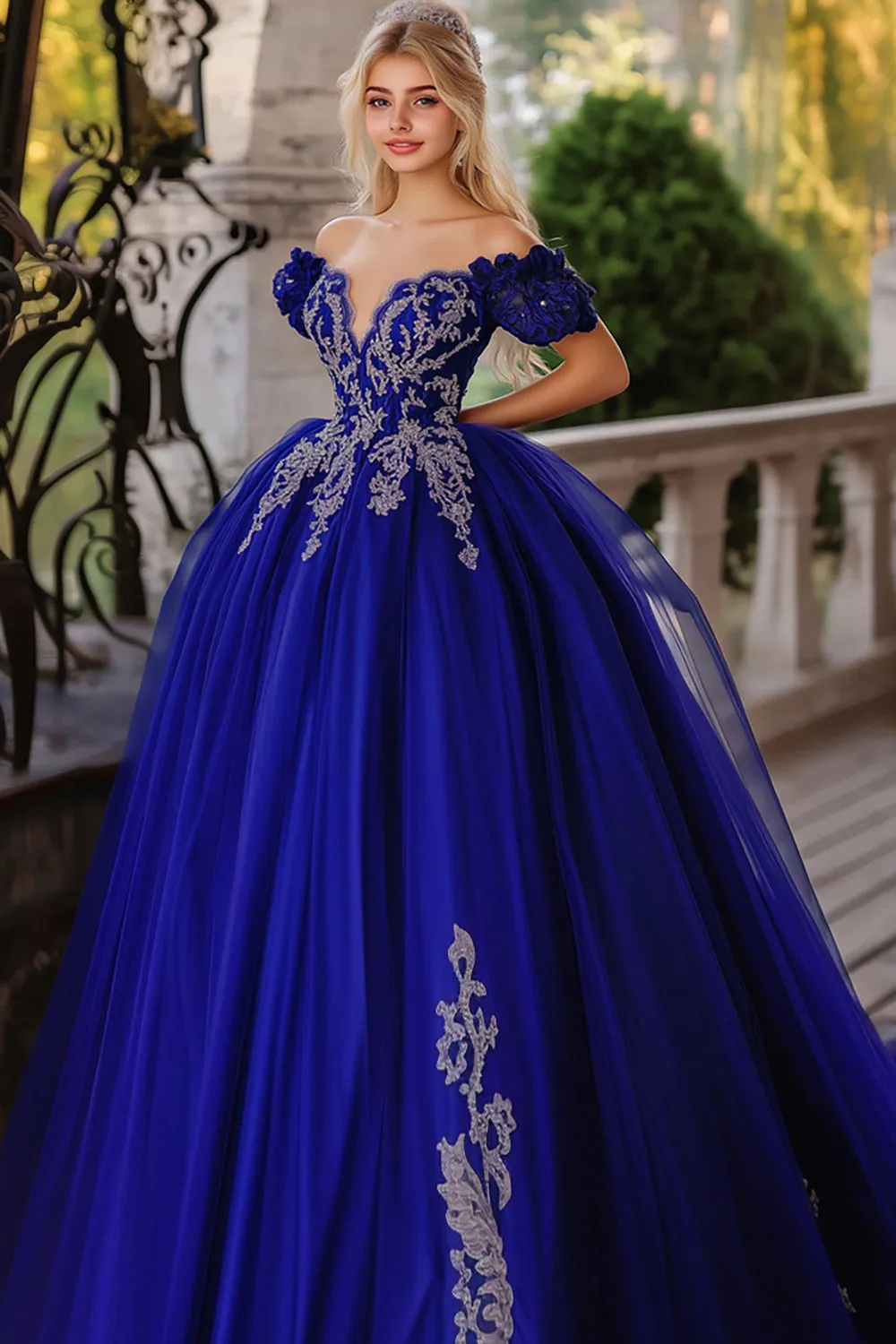 Royal Blue Ball Gown Off the Shoulder Tulle Quinceanera Dress with Appliques sold by Zapaka