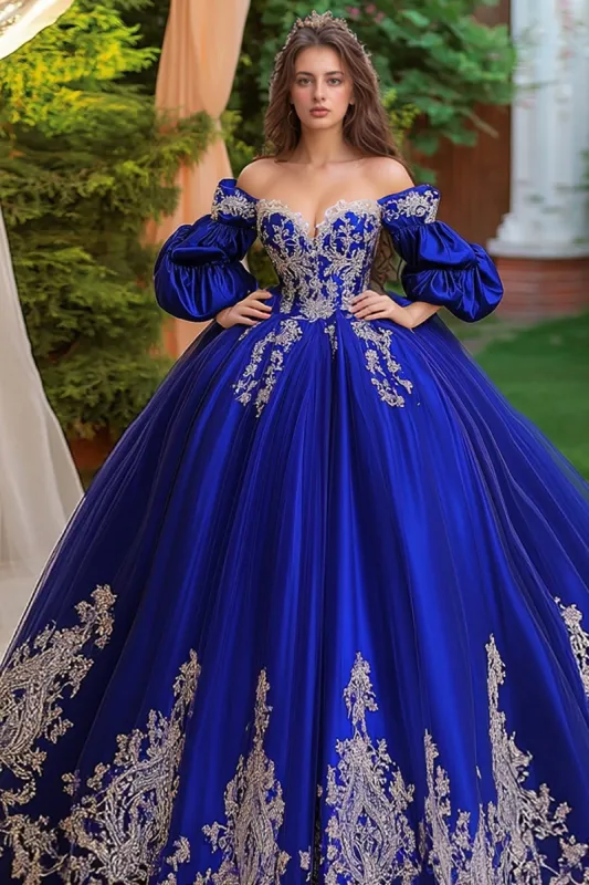 Royal Blue Sweetheart Ball Gown Appliqued Tulle Quinceanera Dress With Half Sleeves made by Zapaka
