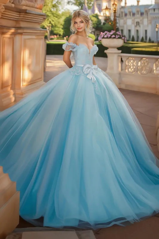 Princess Sky Blue Ball Gown Off the Shoulder Tulle Laced Appliques Quinceanera Dress with Bow sold by Zapaka