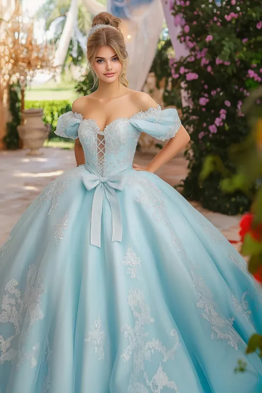 Princess Sky Blue Ball Gown Off the Shoulder Lace-Up Front Appliques Tulle Quinceanera Dress with Bow sold by Zapaka
