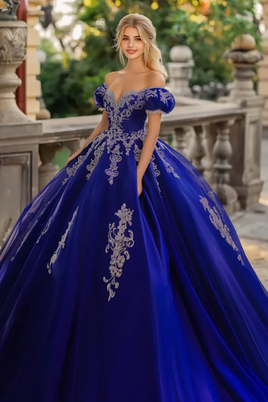 Princess Royal Blue Ball Gown Off the Shoulder Tulle Quinceanera Dress with Lace Appliques sold by Zapaka