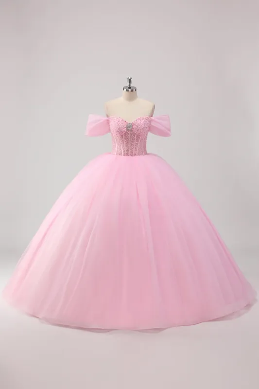 Princess Pink Ball Gown Off the Shoulder Beading Tulle Quinceanera Dress sold by Zapaka