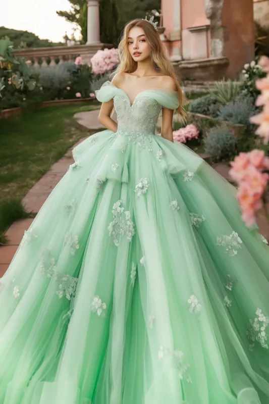 Princess Mint Ball Gown Off the Shoulder Ruffles Tulle Quinceanera Dress with Lace Appliques sold by Zapaka