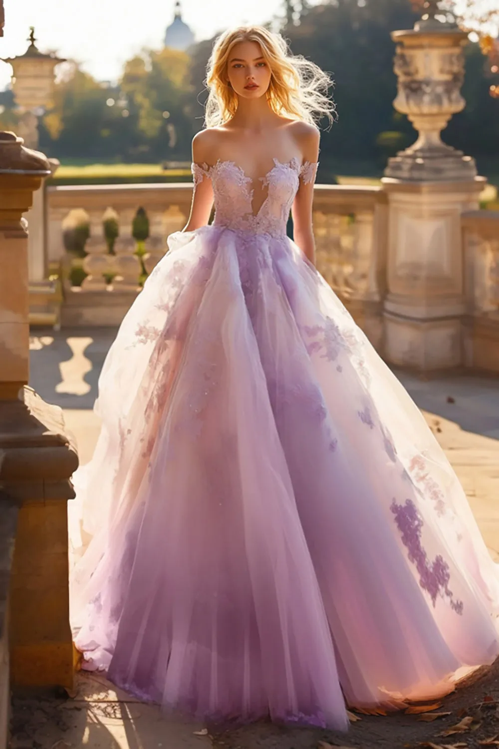 Princess Lilac Ball Gown Off the Shoulder Tulle Quinceanera Dress with Lace Appliques sold by Zapaka