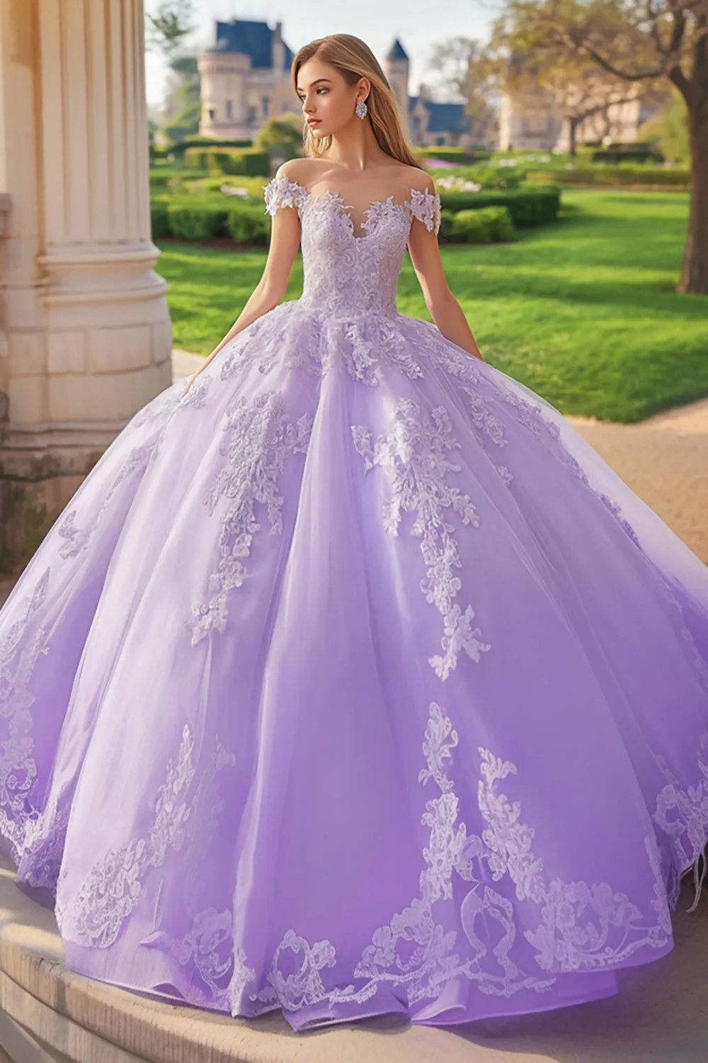 Princess Lilac Ball Gown Off the Shoulder Tulle Quinceanera Dress with Appliques sold by Zapaka