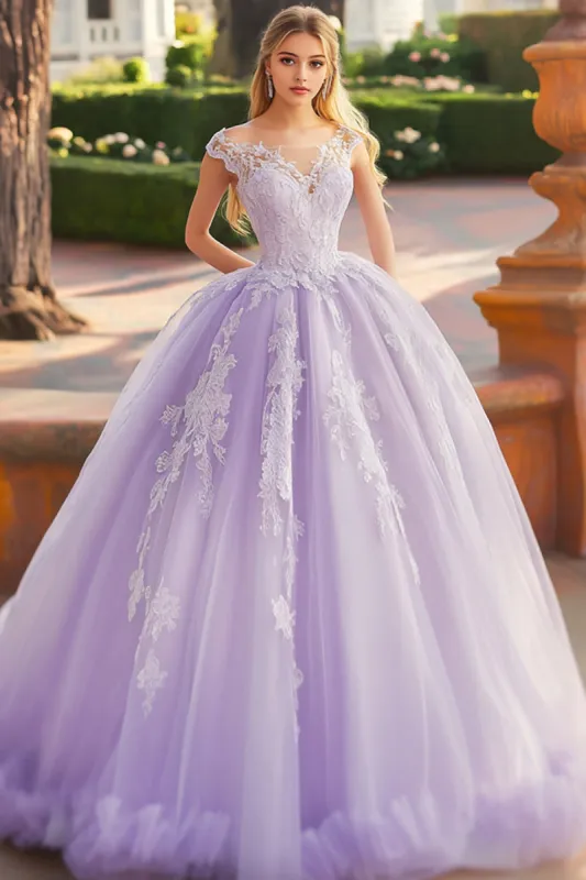 Princess Lilac Ball Gown Off the Shoulder Ruffled Tulle Quinceanera Dress with Appliques sold by Zapaka