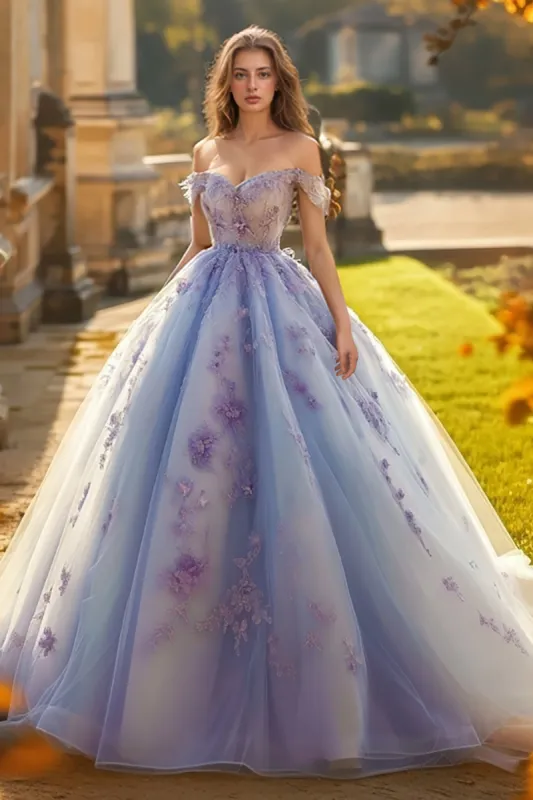 Princess Lavender Ball Gown Off the Shoulder Tulle Quinceanera Dress with Sequined Appliques sold by Zapaka