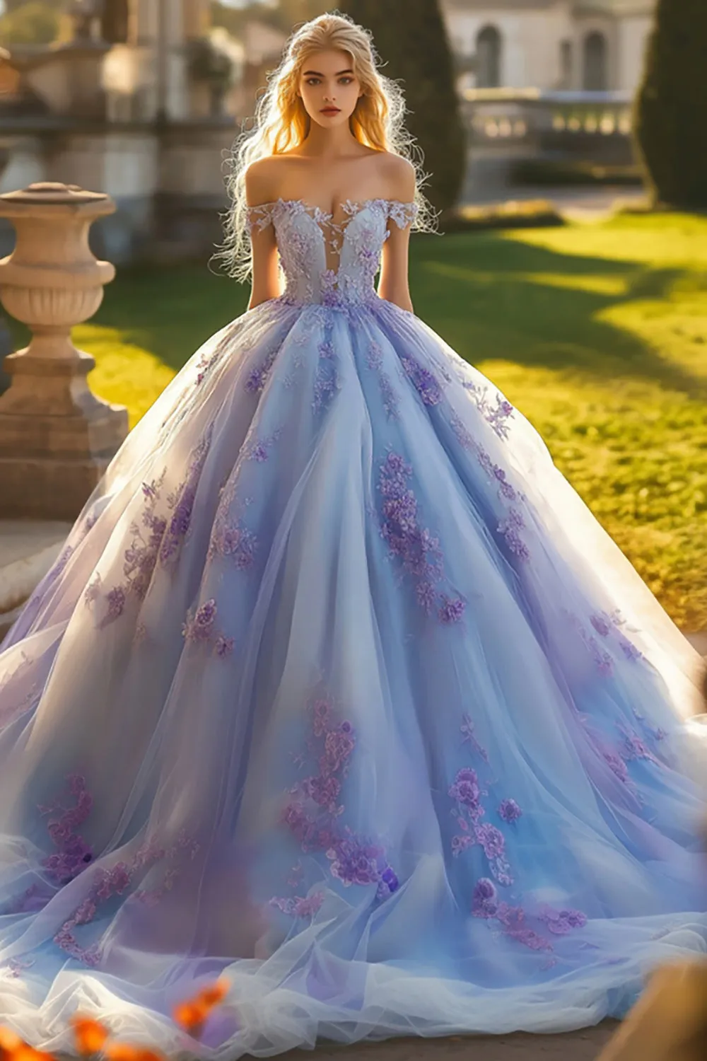 Princess Lavender Ball Gown Off the Shoulder Tulle Quinceanera Dress with 3D Flowers sold by Zapaka