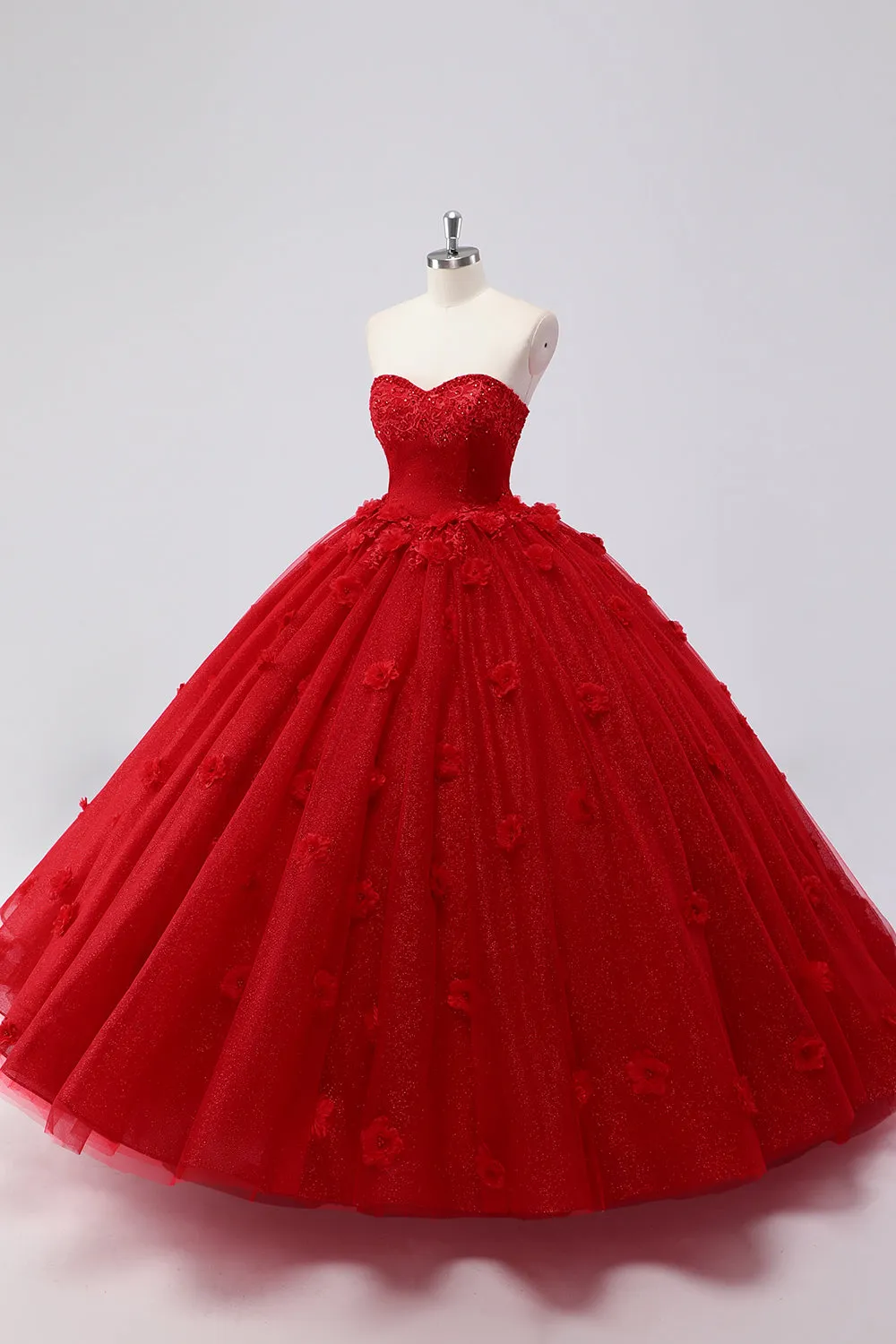 Sparkly Red Ball Gown Strapless Tulle Quinceanera Dress with Flower Appliques sold by Zapaka product image thumbnail 3