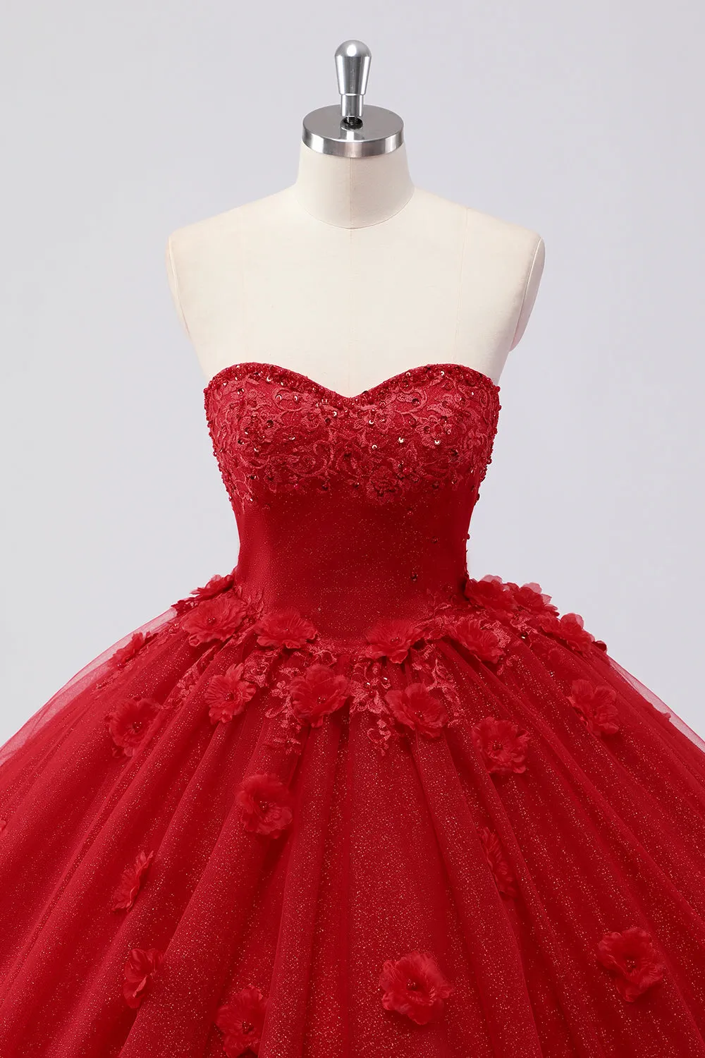 Sparkly Red Ball Gown Strapless Tulle Quinceanera Dress with Flower Appliques sold by Zapaka product image thumbnail 4