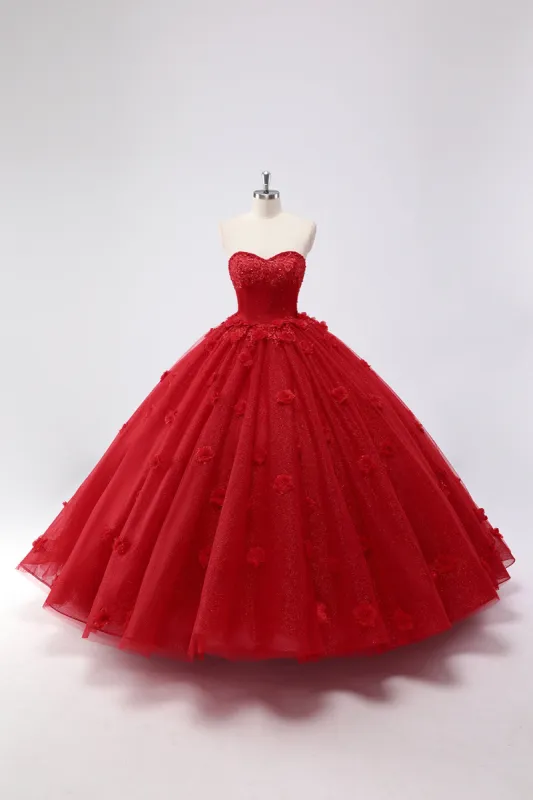 Sparkly Red Ball Gown Strapless Tulle Quinceanera Dress with Flower Appliques sold by Zapaka