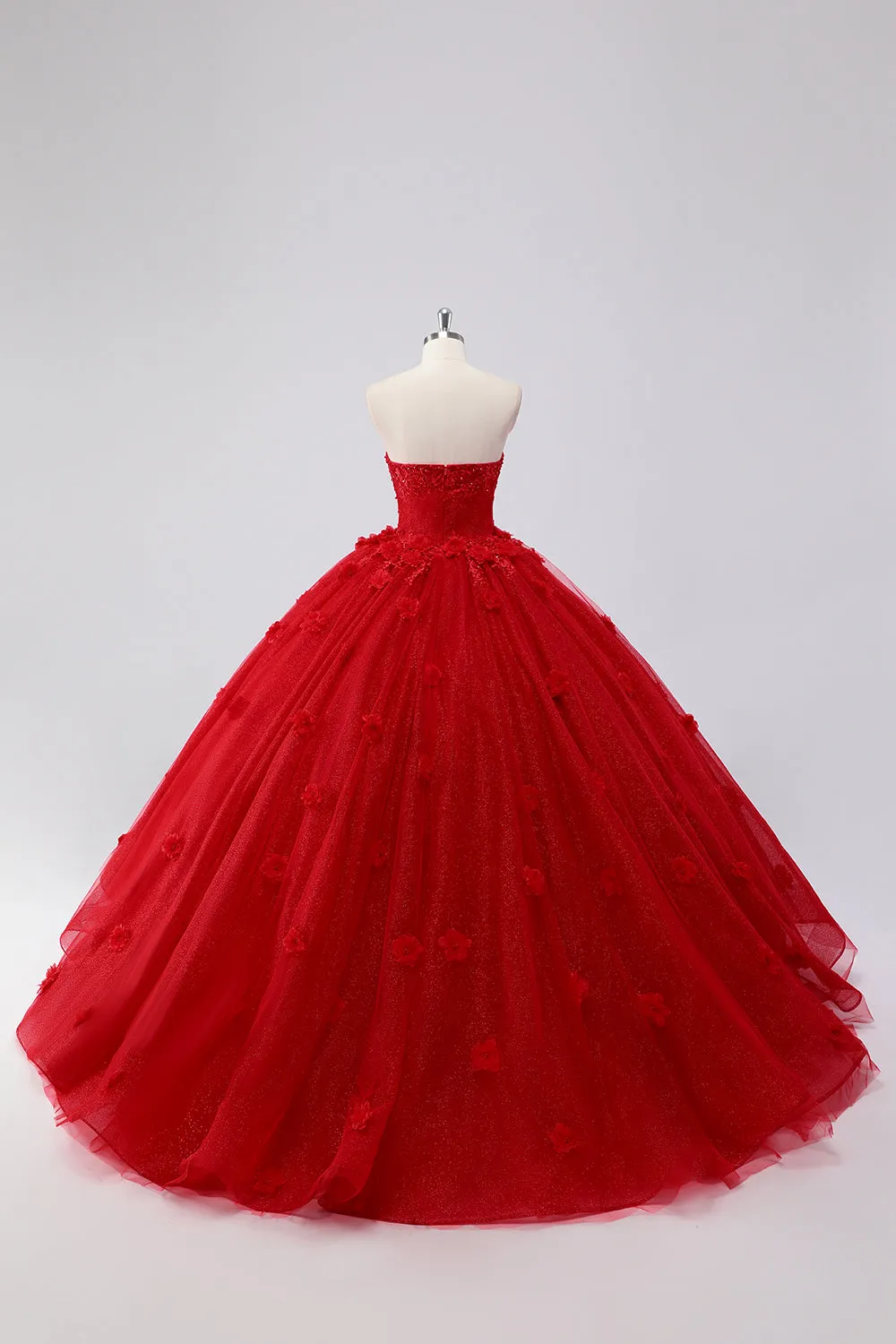 Sparkly Red Ball Gown Strapless Tulle Quinceanera Dress with Flower Appliques sold by Zapaka product image thumbnail 2