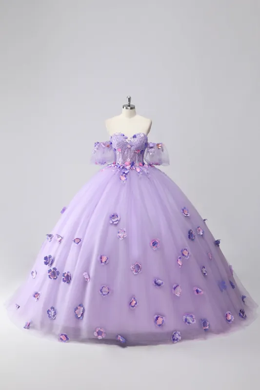 Sparkly Lilac Ball Gown Off the Shoulder Puff Sleeves Tulle Quinceanera Dress with 3D Flowers sold by Zapaka