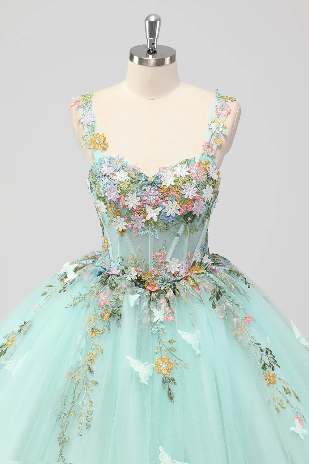 Princess Mint Ball Gown Spaghetti Straps Tulle Quinceanera Dress with Flower Appliques sold by Zapaka product image thumbnail 4