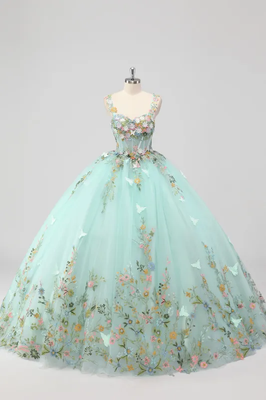 Princess Mint Ball Gown Spaghetti Straps Tulle Quinceanera Dress with Flower Appliques sold by Zapaka