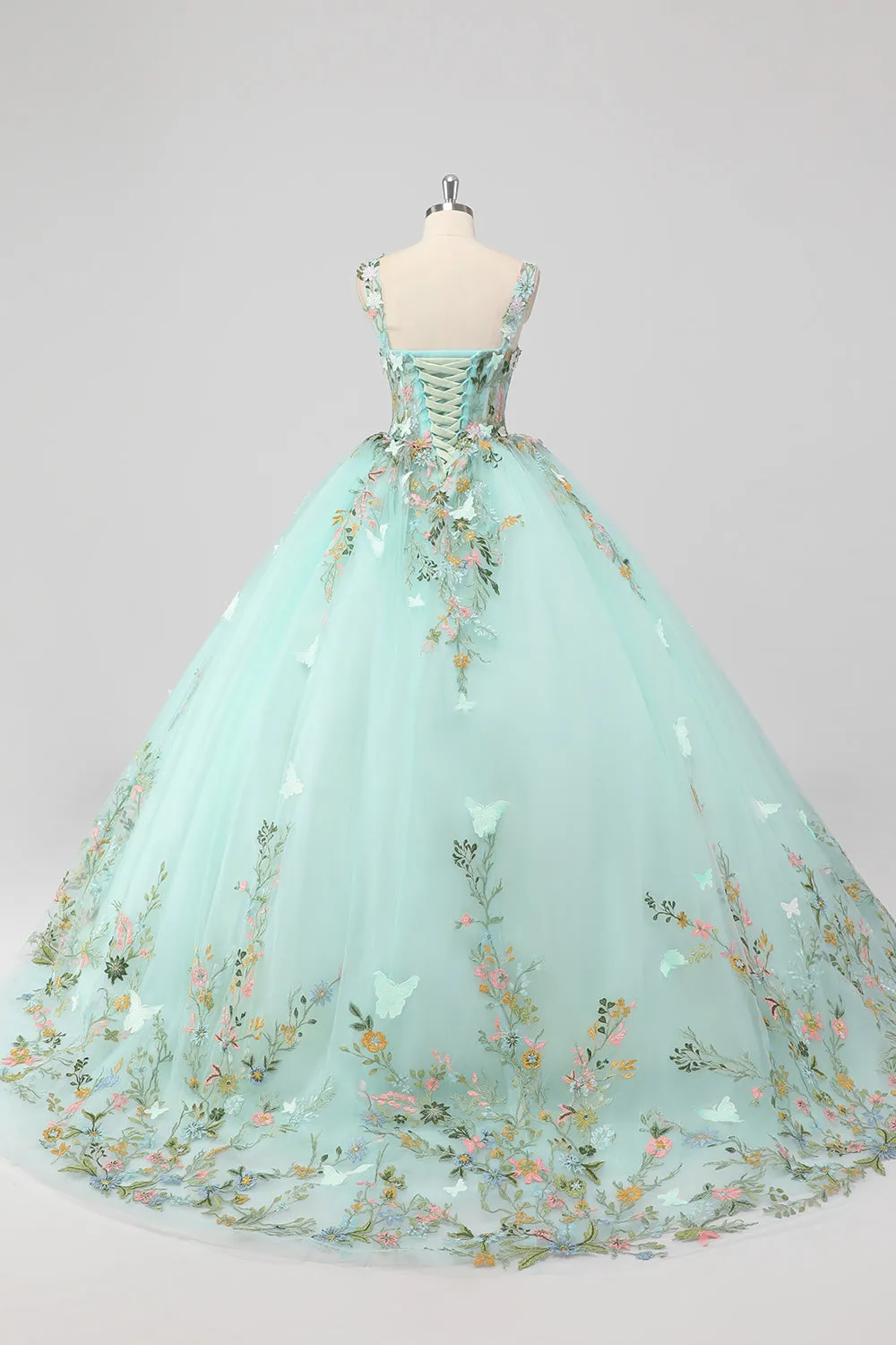 Princess Mint Ball Gown Spaghetti Straps Tulle Quinceanera Dress with Flower Appliques sold by Zapaka product image thumbnail 2