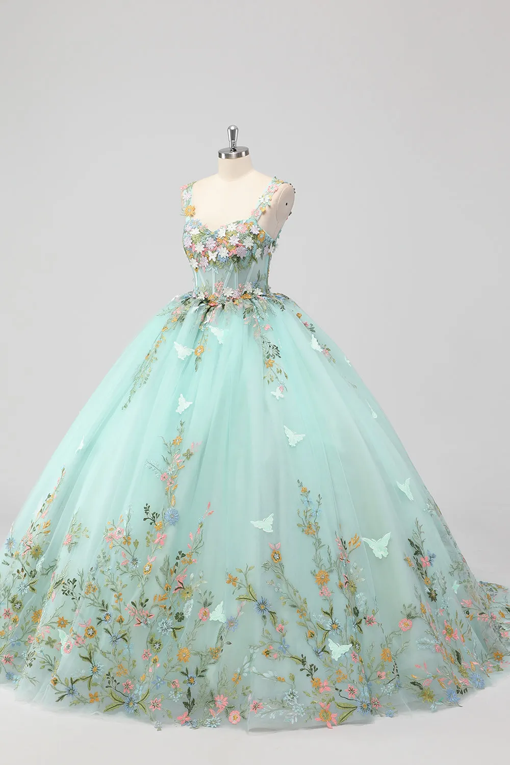 Princess Mint Ball Gown Spaghetti Straps Tulle Quinceanera Dress with Flower Appliques sold by Zapaka product image thumbnail 3