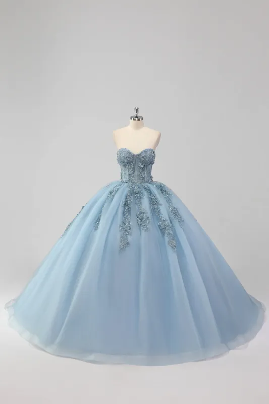 Princess Grey Blue Strapless Tulle Quinceanera Dress with Appliques sold by Zapaka