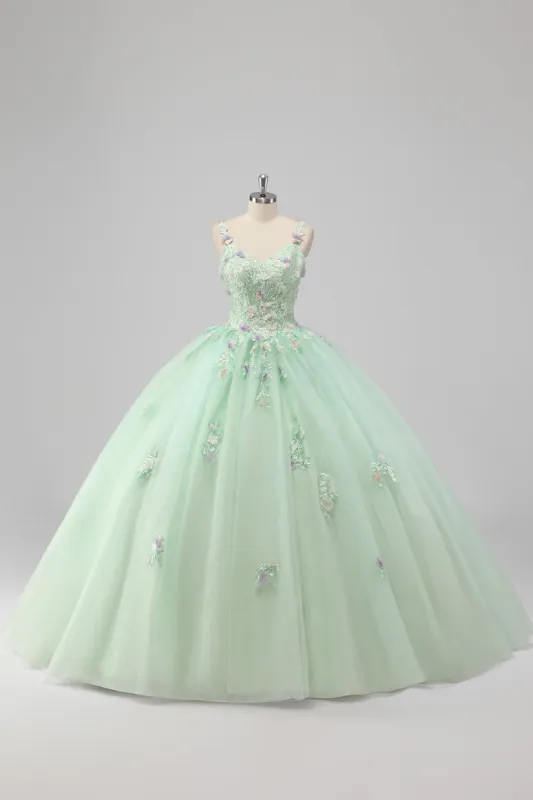 Princess Green Ball Gown Spaghetti Straps Tulle Quinceanera Dress with 3D Flower Appliques sold by Zapaka