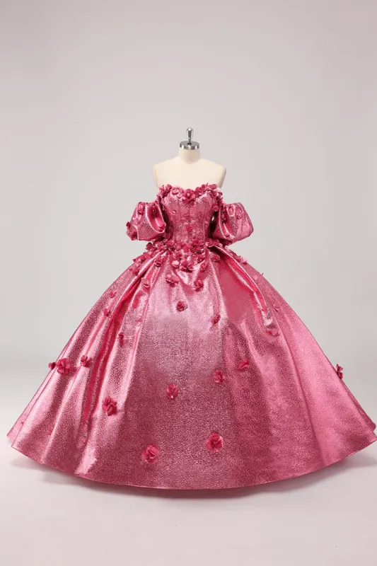 Princess Fuchsia Ball Gown Off the Shoulder Puff Sleeves Quinceanera Dress with 3D Flowers sold by Zapaka